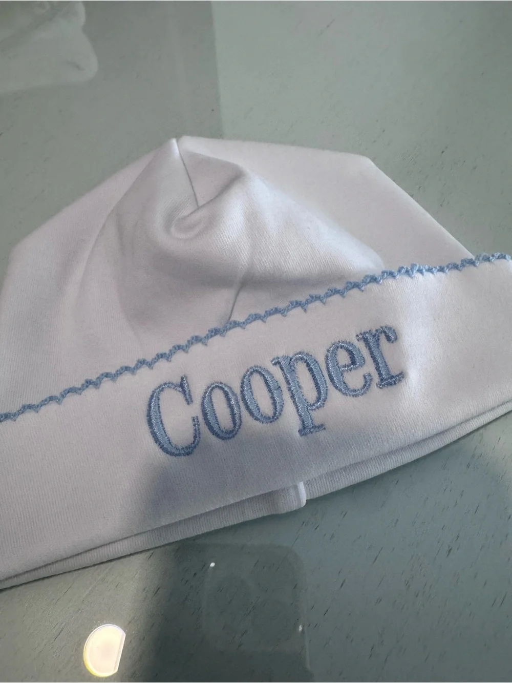 White Baby Beanie with Light Blue 'Cooper' Embroidery